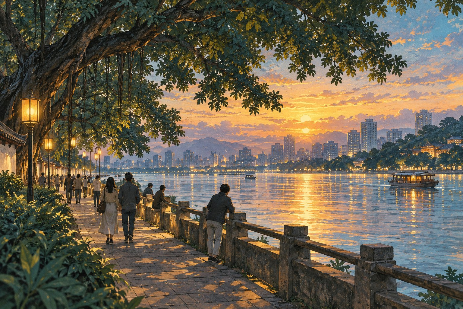 江畔榕树下的人们散步赏景,夕照与灯光映入水面的概念插画
