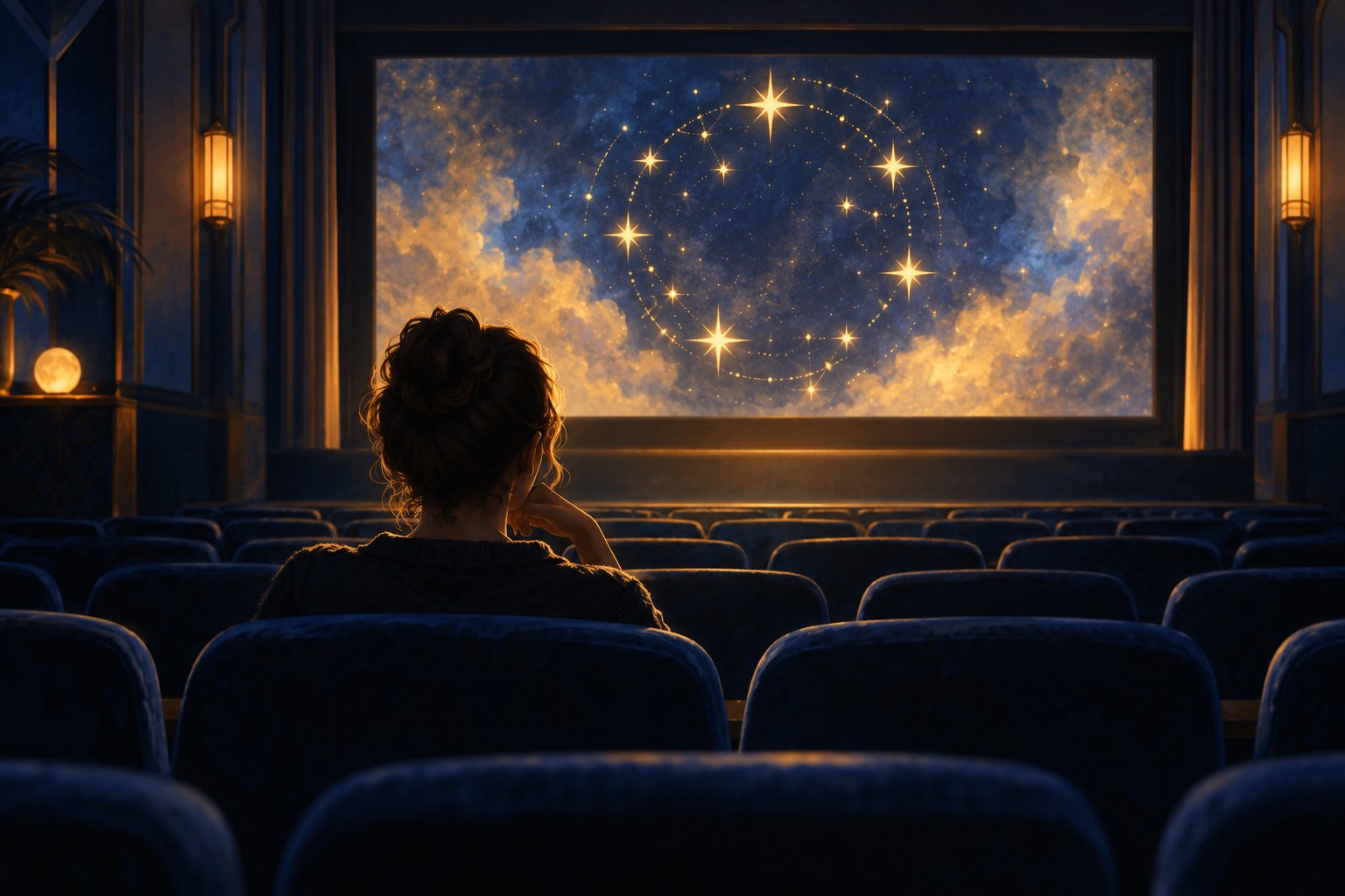 A lone viewer sits in a blue-seated cinema facing a glowing circle of golden stars on the screen.