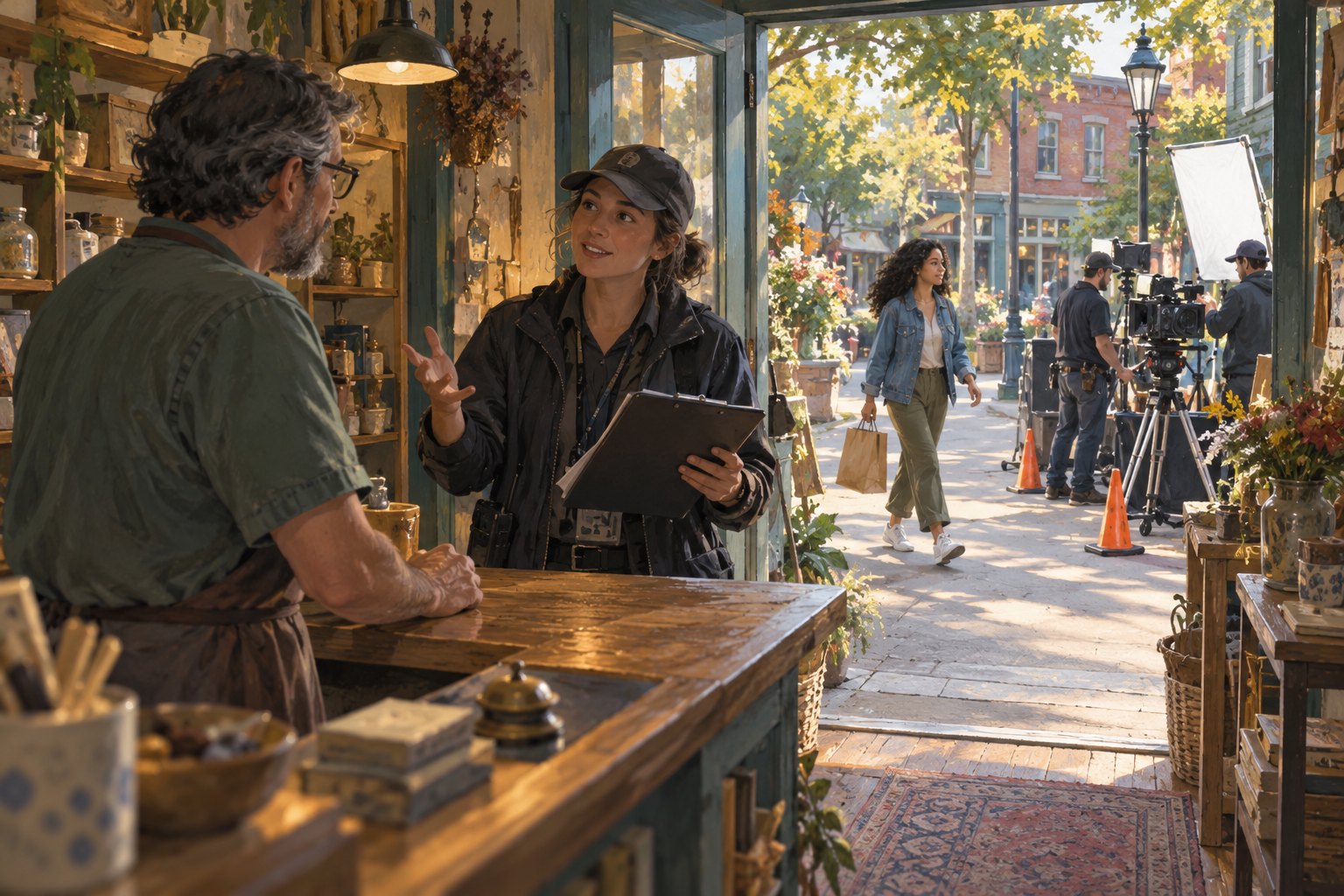Conceptual illustration of a shopkeeper and film coordinator discussing access beside an open shop entrance.