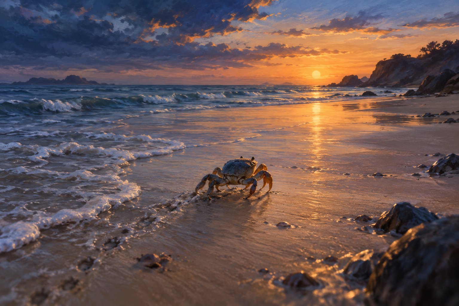 A crab stands on wet sand beside gentle waves beneath a dramatic orange and blue sunset.