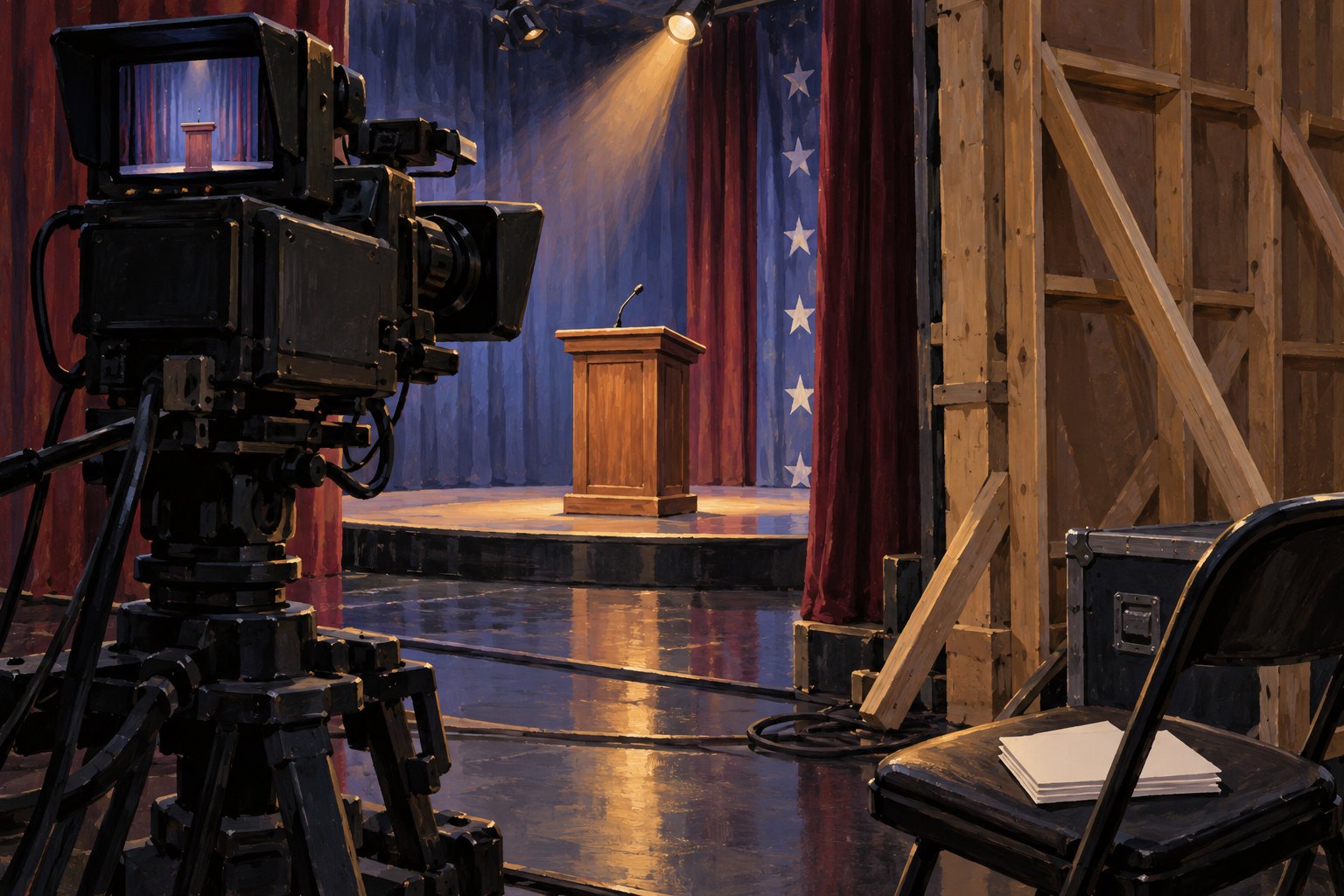 Conceptual illustration of a studio camera facing an empty lectern beside the exposed wooden supports of a stage backdrop.