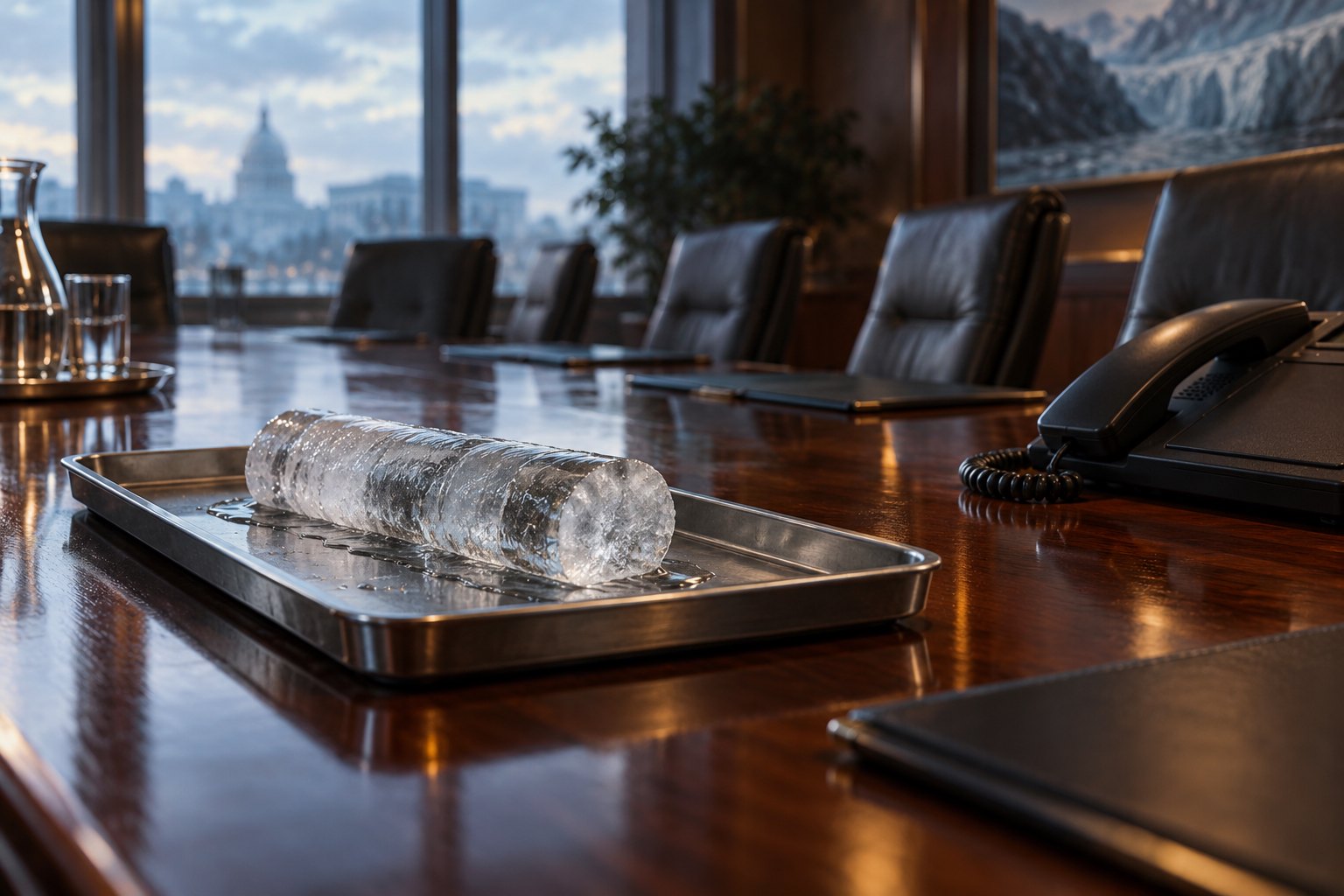 Conceptual illustration of a melting ice core in a metal tray beside a telephone on an empty conference table.
