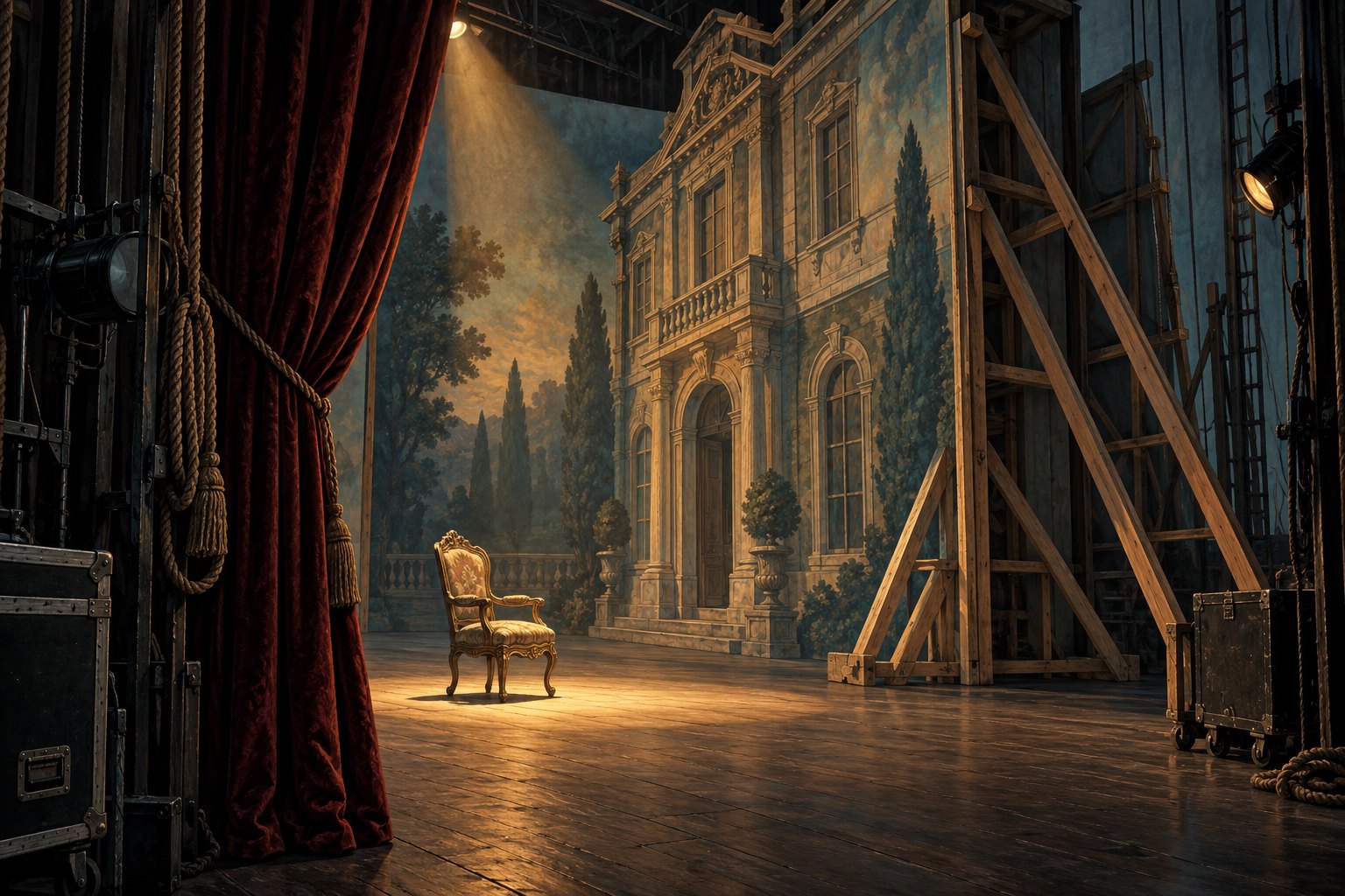 Conceptual illustration of a mansion stage set with exposed wooden supports and an empty ornate chair under a spotlight.