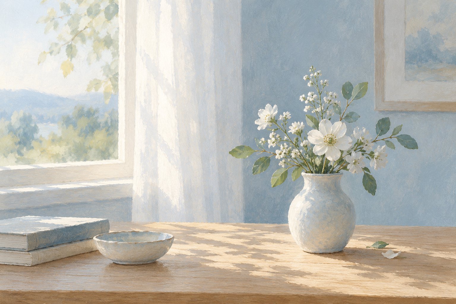 Painterly illustration of white flowers in a ceramic vase beside books on a sunlit wooden table.