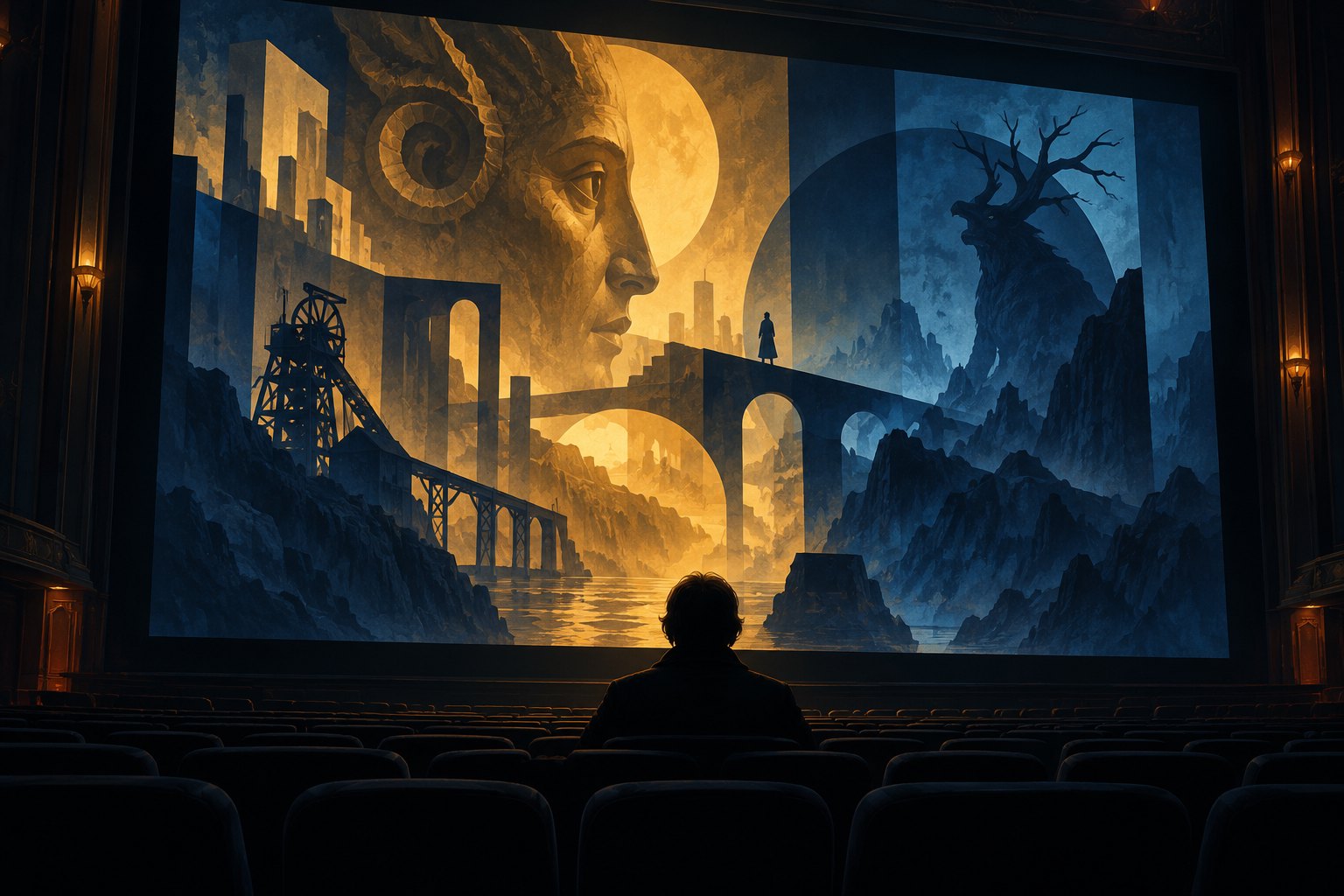 Conceptual illustration of a lone moviegoer facing a luminous cinema screen filled with layered amber and blue geometric shadows.