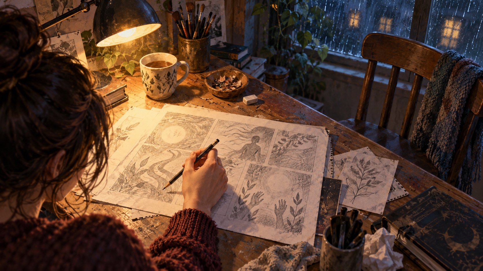 雨夜檯燈下，創作者握筆停在畫稿上，身旁留著一張空椅的原創情境插畫，非電影劇照