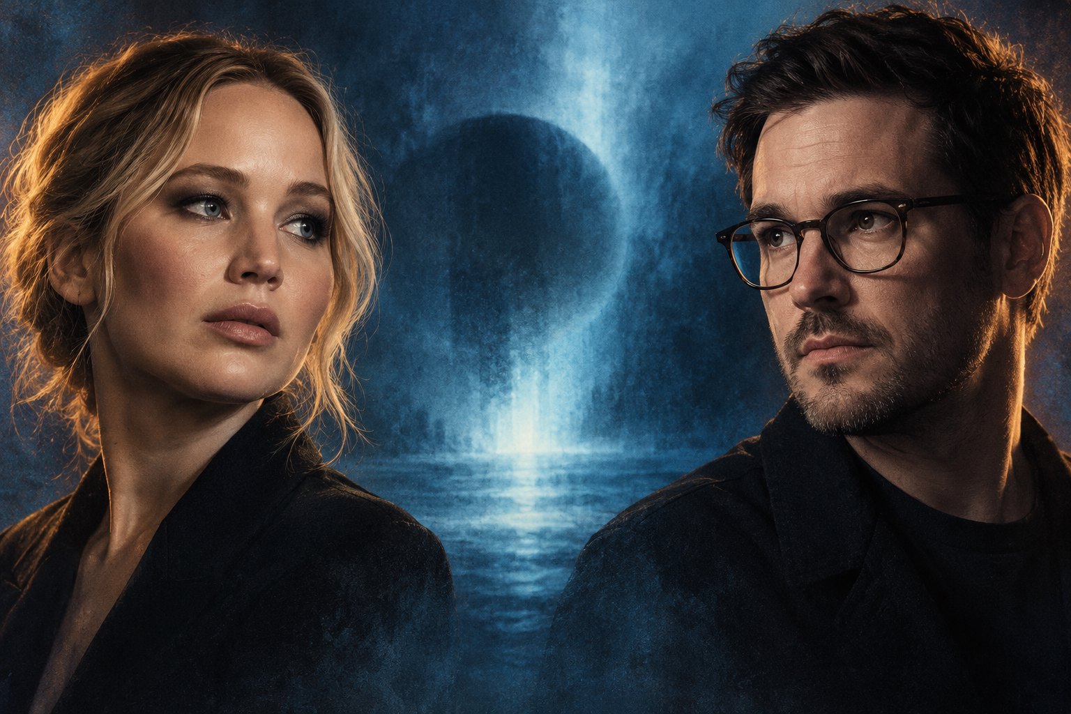 Conceptual editorial portrait of Jennifer Lawrence and Zach Cregger against a textured blue background with warm rim lighting.