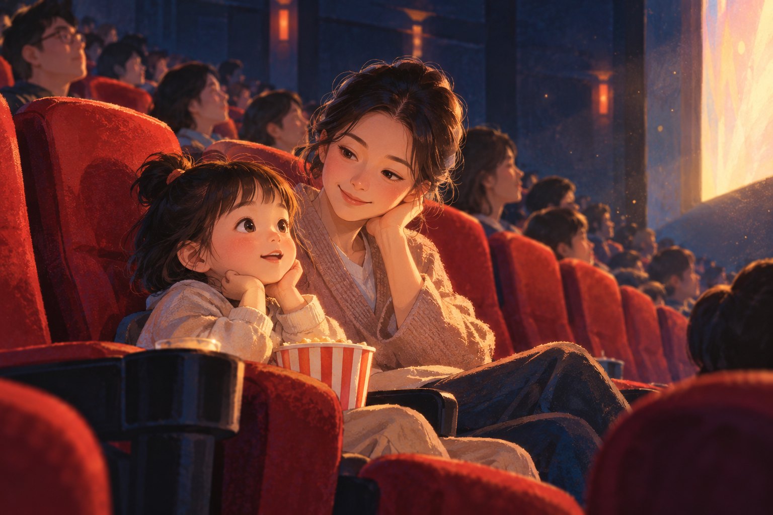 亲子观影主题插画:母亲与孩子坐在红色影院座椅上,暖色银幕光照亮脸庞
