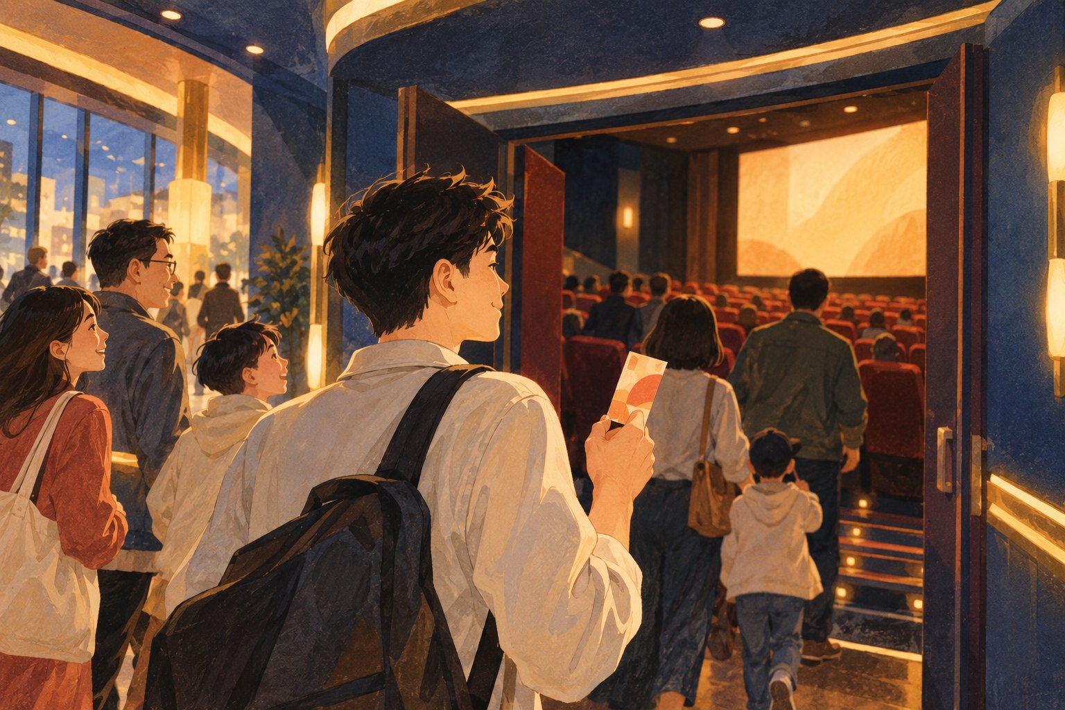 暖色影院中，手持票券的青年与其他观众走向影厅的插画