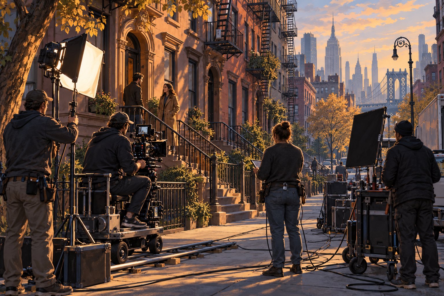 Editorial illustration of a film crew shooting a scene on a New York brownstone street in warm afternoon light.