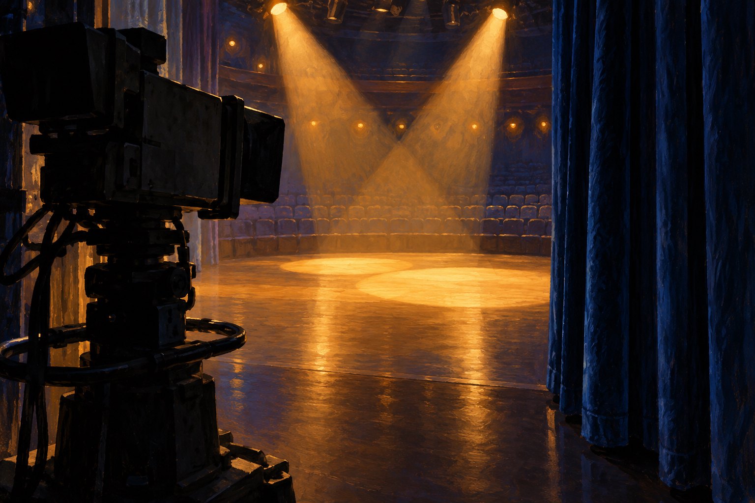 Conceptual illustration of a studio camera beside an empty comedy stage illuminated by two overlapping spotlights.