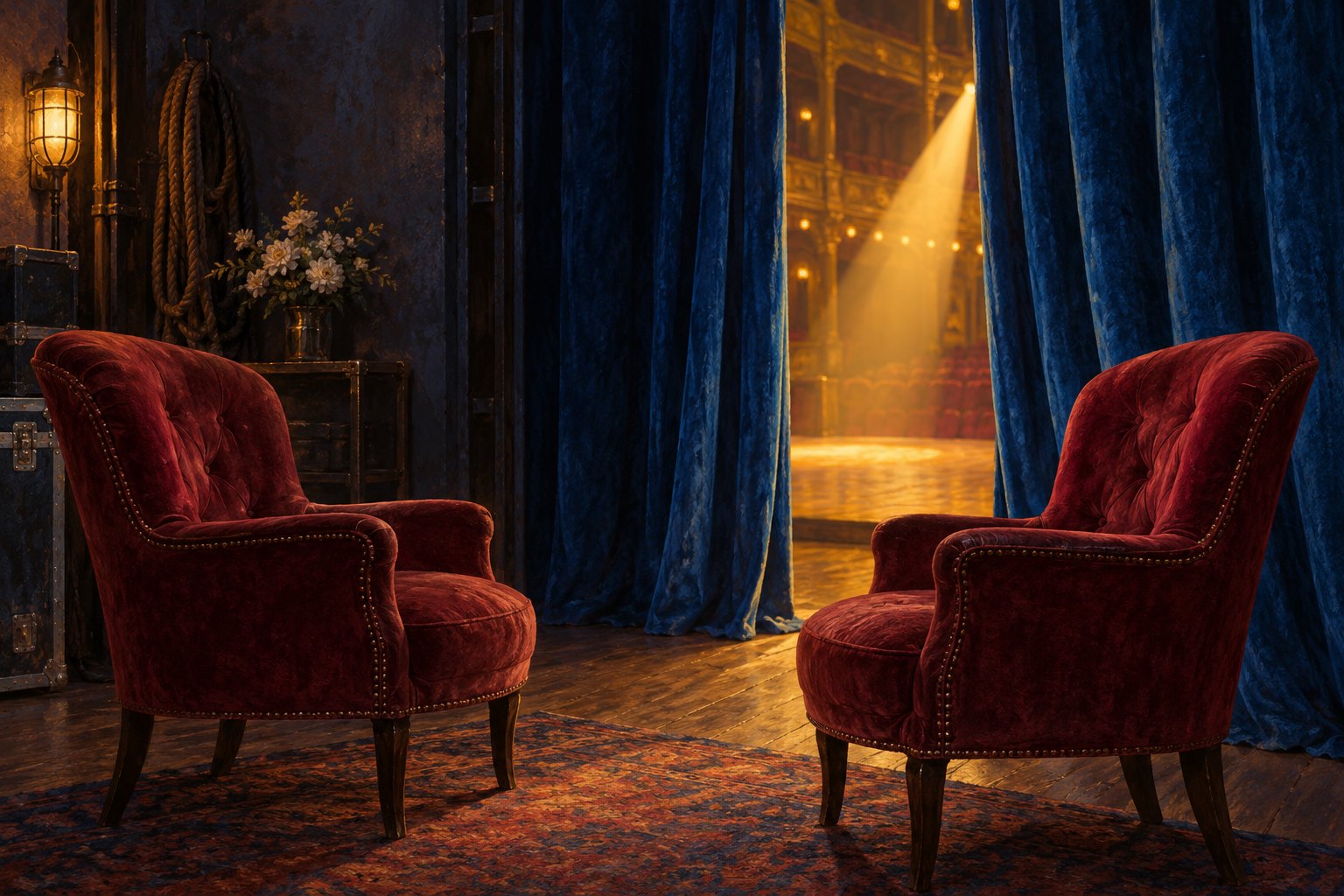 Conceptual illustration of two burgundy armchairs beside a parted blue theater curtain revealing a brightly lit stage.