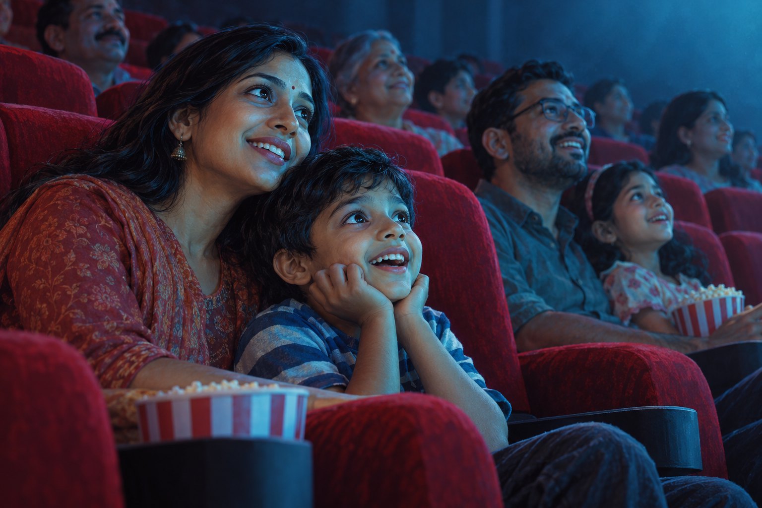 Conceptual illustration of Indian parents and children watching a cinema screen from red seats in soft blue light.