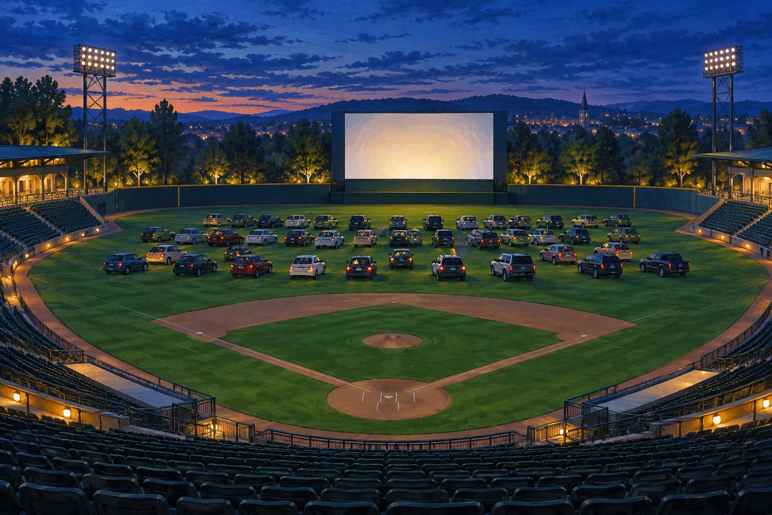Conceptual illustration of cars facing a glowing movie screen on a baseball field at dusk.