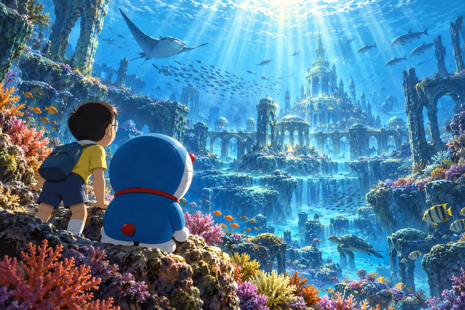 Conceptual illustration of Doraemon and Nobita overlooking coral, marine life, and a sunlit underwater castle.