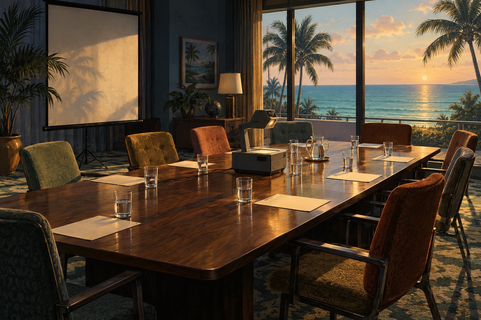Conceptual illustration of an empty hotel conference room with an overhead projector and ocean views at sunset.