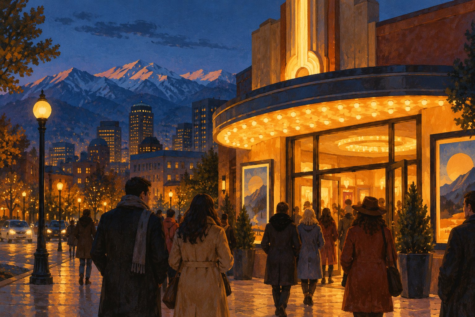 Editorial illustration of moviegoers approaching a glowing cinema in an imagined Denver streetscape with mountains in the distance.