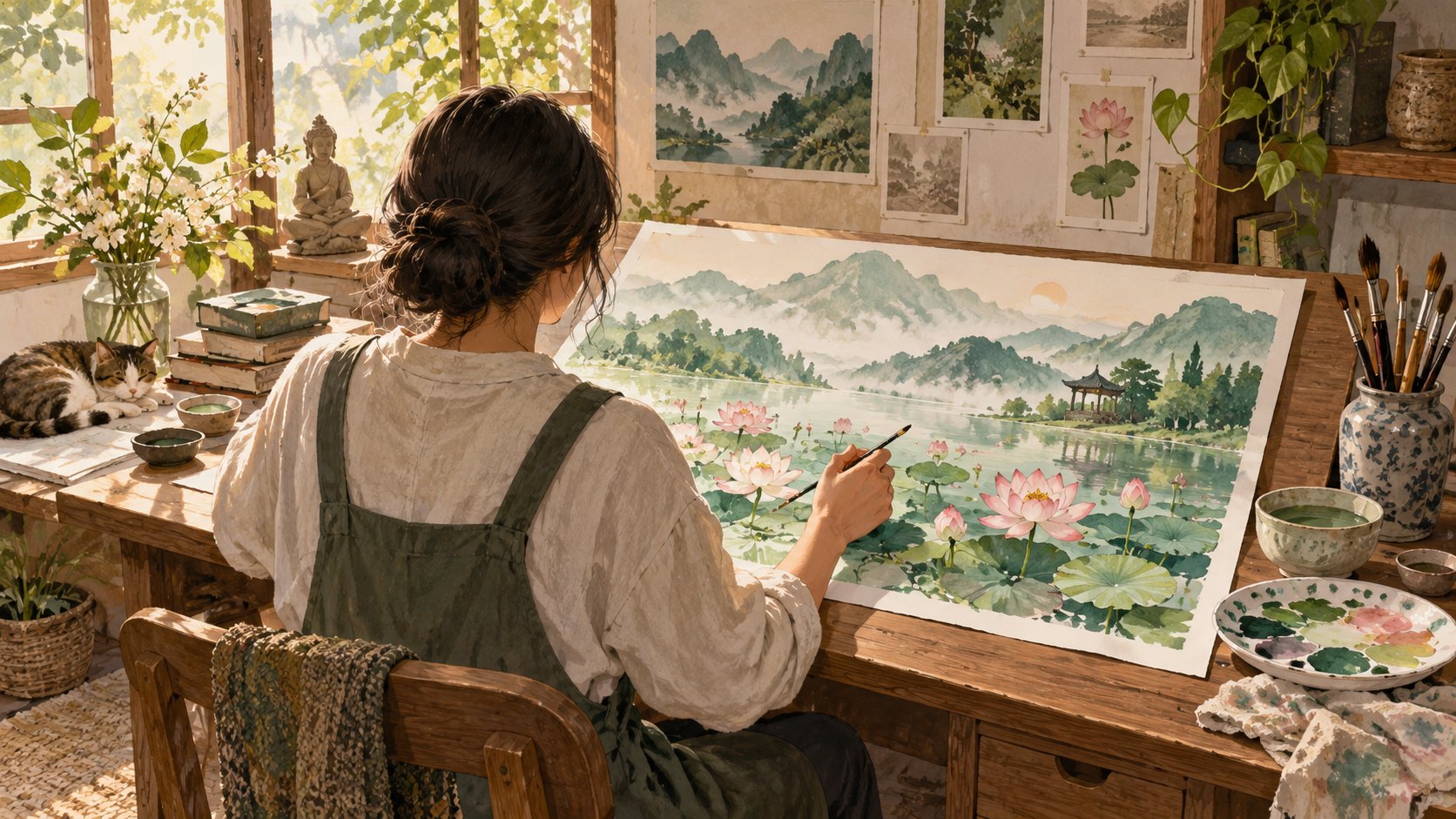 窗邊的創作者描繪蓮池與山巒,呈現心中理想世界的概念插畫,非電影劇照