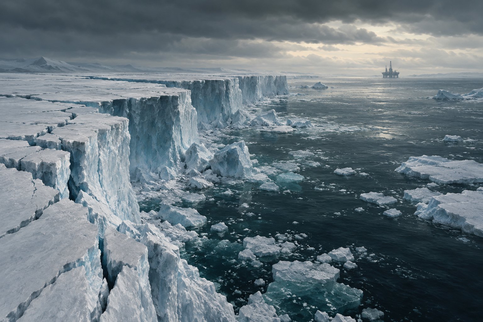 Conceptual illustration of a fractured Arctic ice shelf beside dark water, with a distant offshore drilling platform.