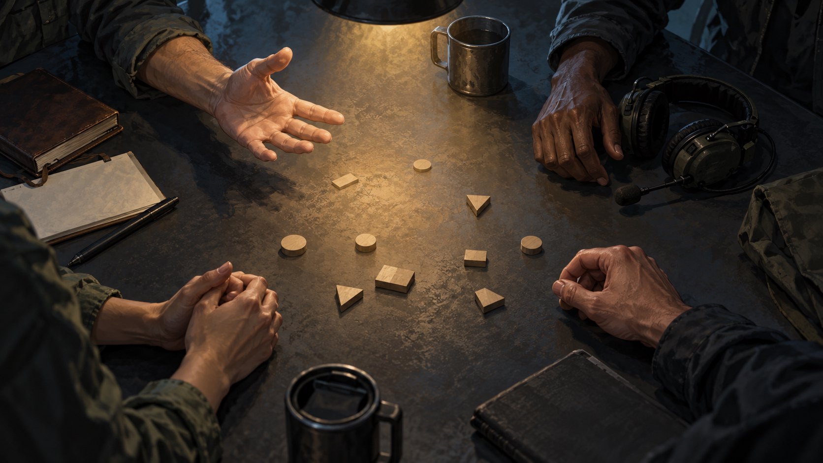原創概念插畫：數名隊員的手圍繞簡報桌，其中一人攤開手掌討論，桌旁放著通訊耳機，非電影劇照