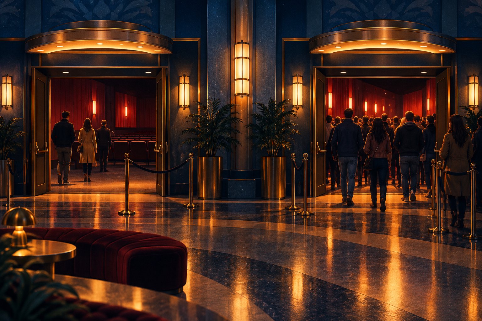 Conceptual illustration of two cinema entrances with a small group at one and a larger crowd at the other.