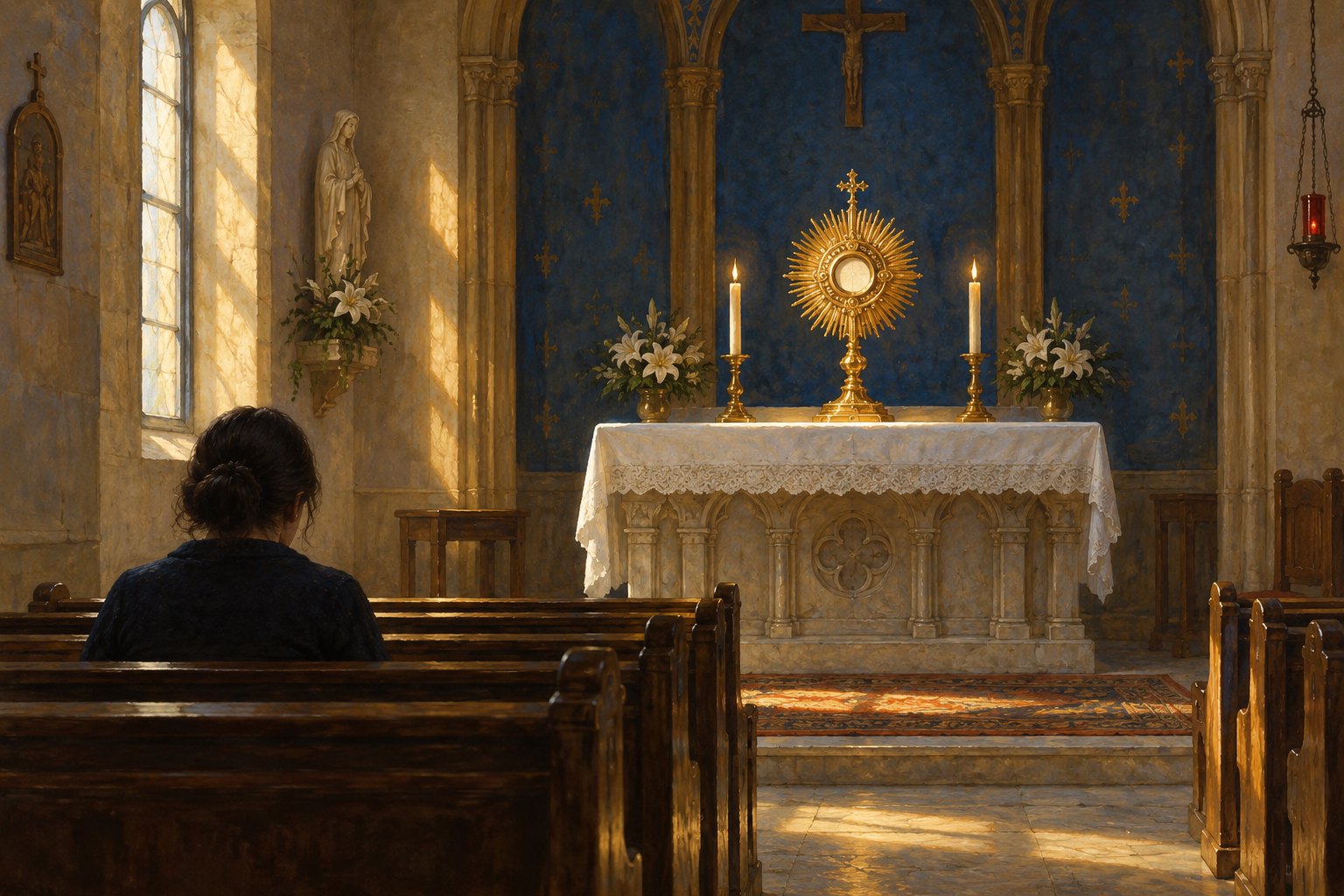 Original illustration of a worshipper seated before a golden monstrance in a sunlit Catholic chapel.