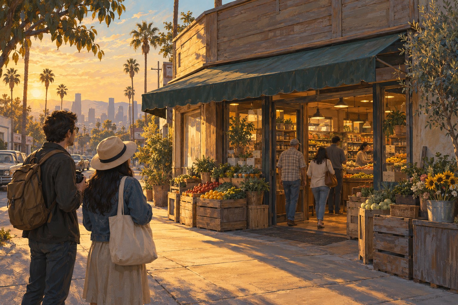 夕陽下，旅人停步觀看加州風格的社區雜貨店；概念插畫，非實際取景店家