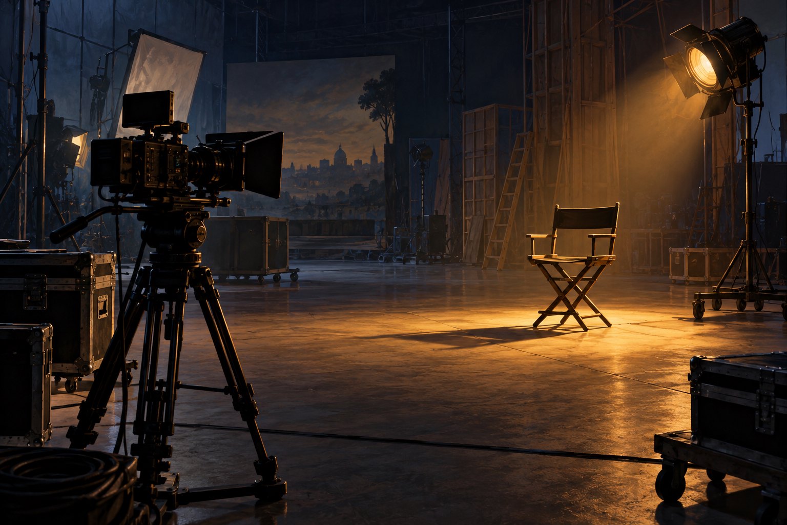 Conceptual illustration of a cinema camera and an empty chair under amber lighting on a quiet soundstage.