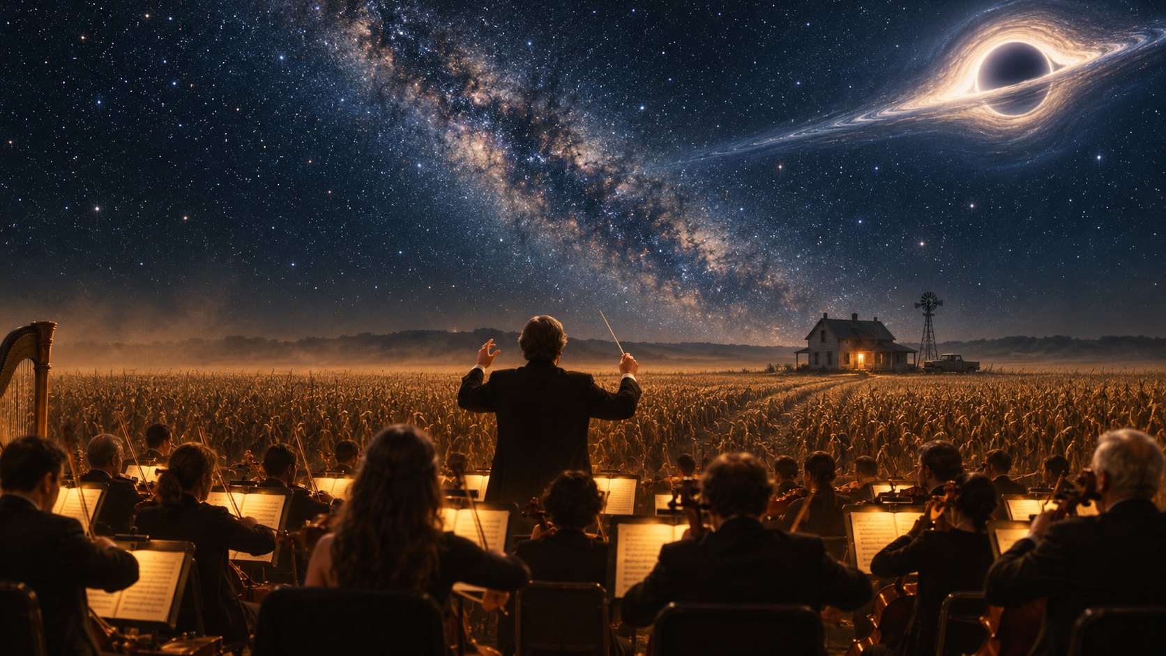 交響樂團與指揮的背影融入玉米田、農舍及星空的原創概念插畫