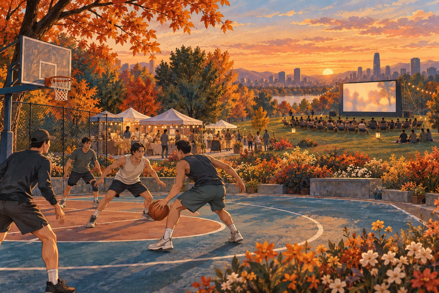 秋日城市休闲活动概念插画：人们在街头篮球场打球，花丛、市集帐篷与远处露天银幕相映