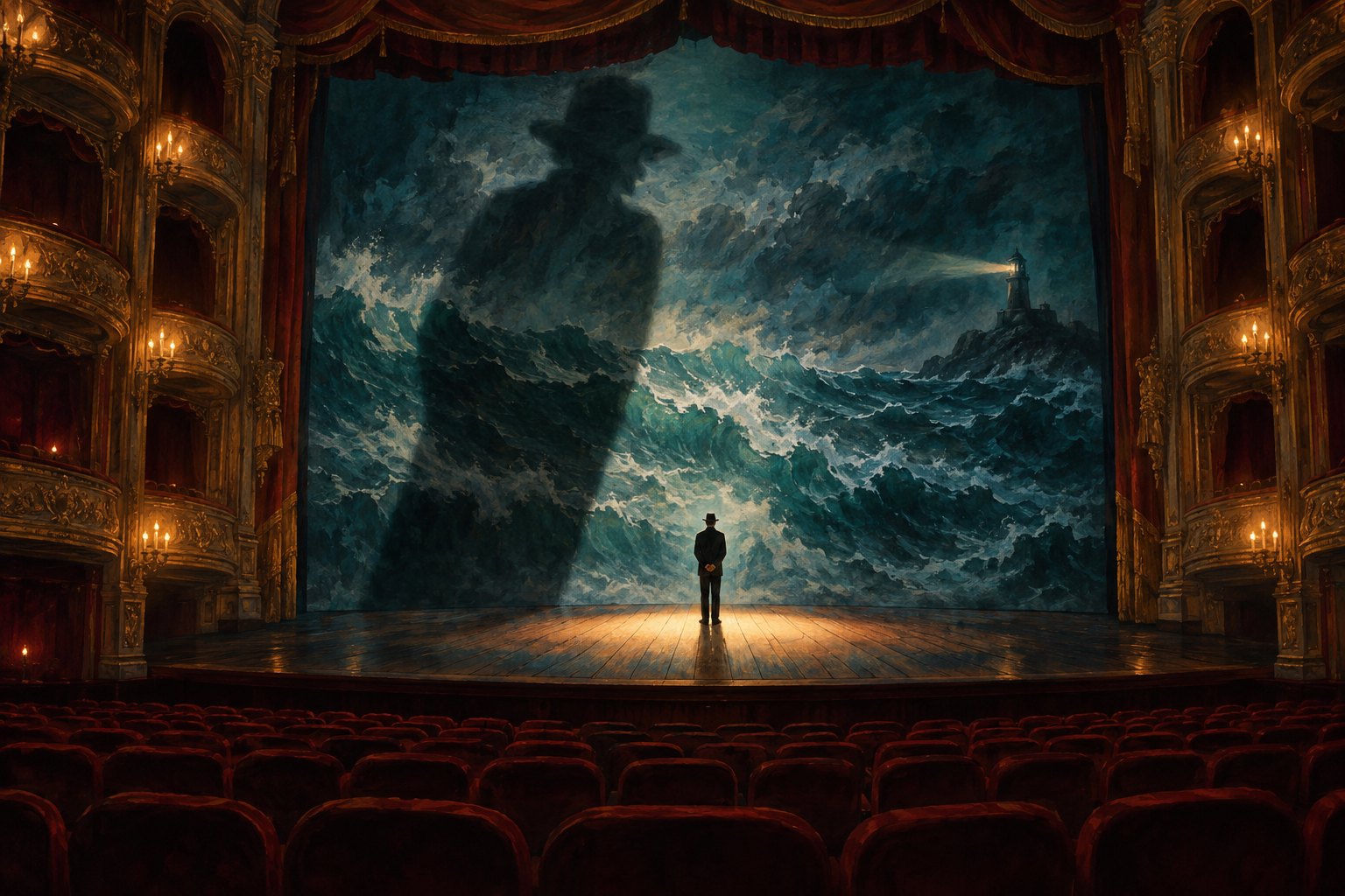 Conceptual illustration of a lone performer casting an enormous shadow across a stormy ocean backdrop in an ornate theater.