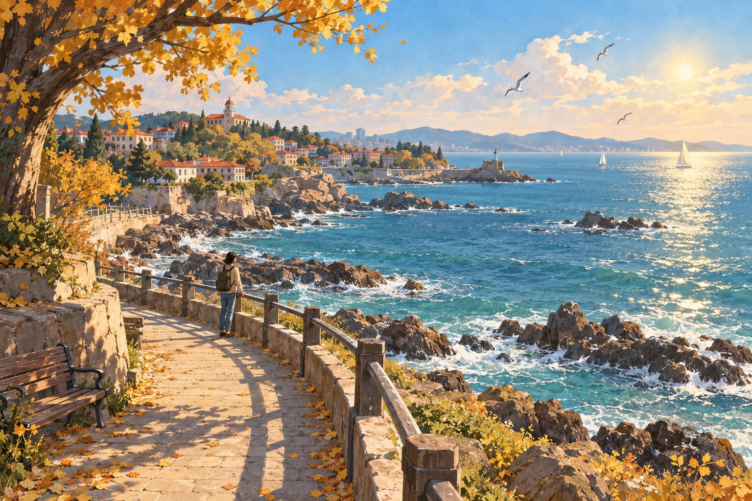 秋日海滨概念插画：背包旅人在临海步道上停留，远处可见红屋顶与蓝色海面