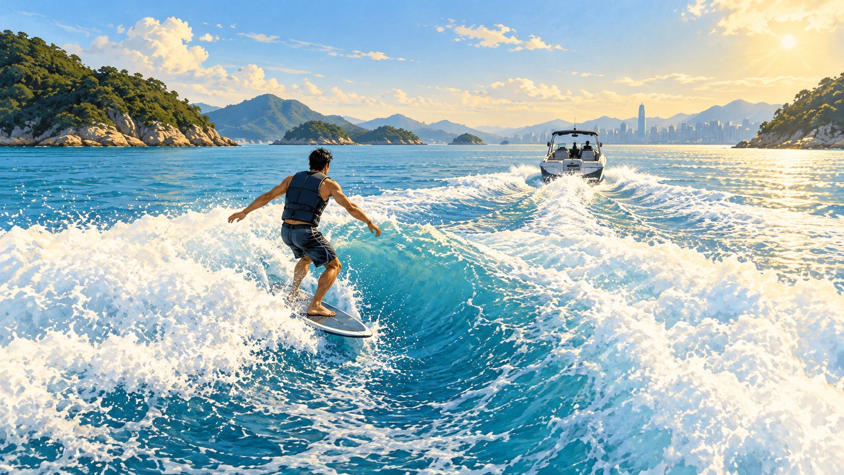原創快艇衝浪題材示意插畫:穿著浮力背心的衝浪者在陽光海灣中沿著船後浪花前進,非電影劇照