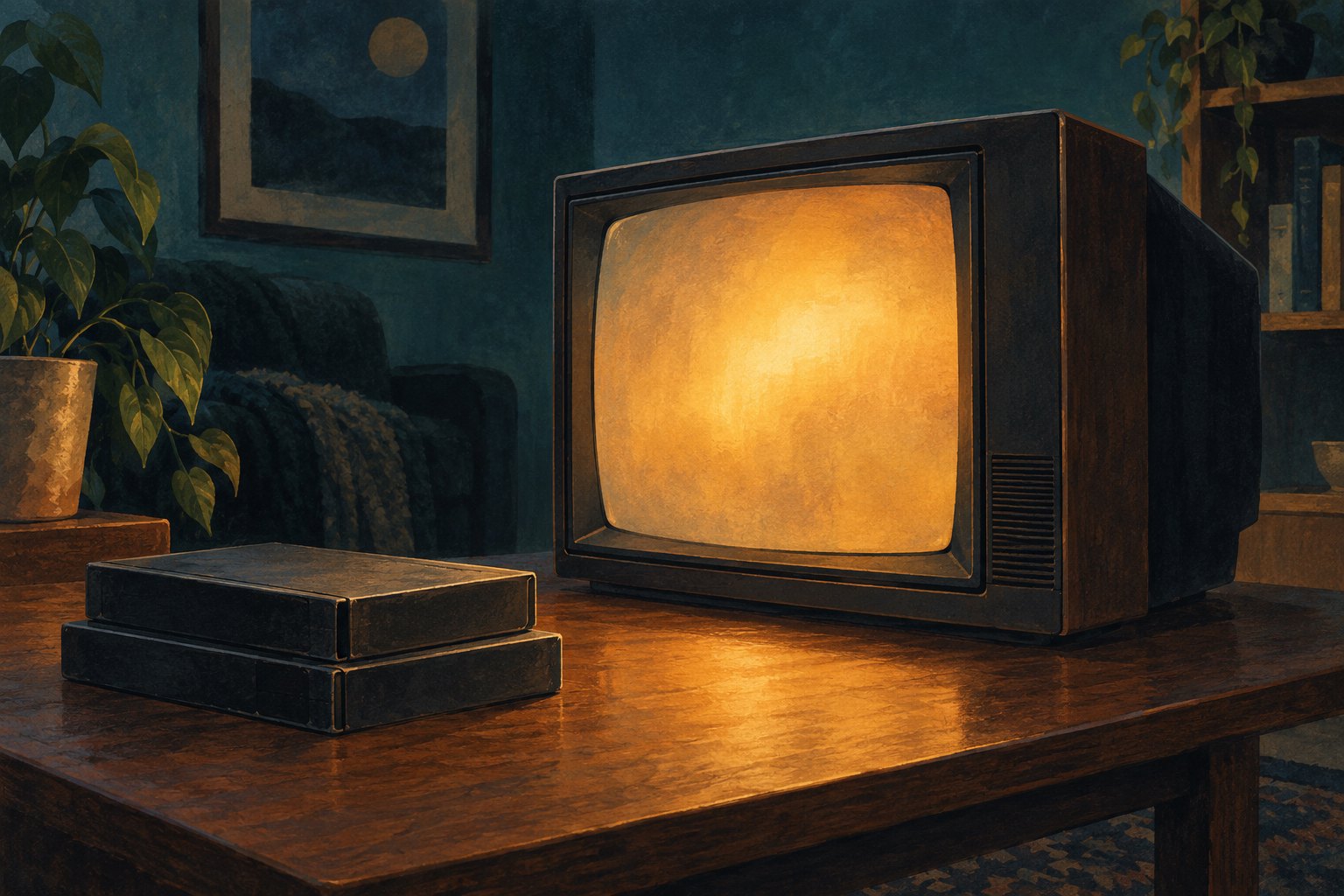 A painterly illustration of a vintage television glowing amber beside two unmarked videotape cases.