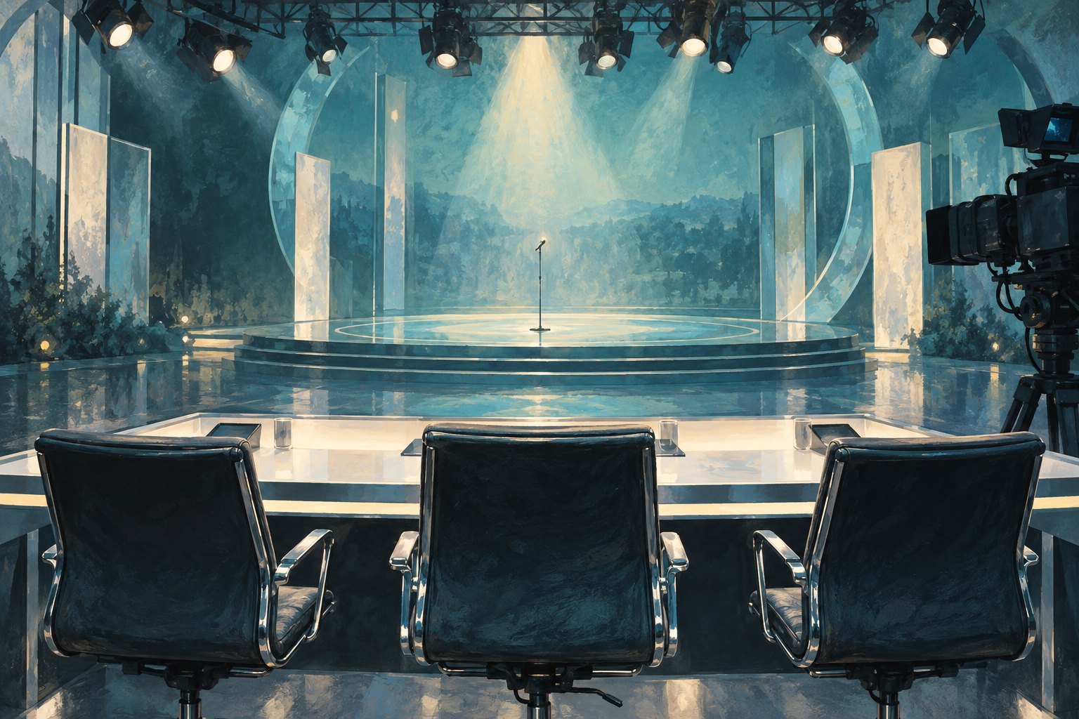Conceptual illustration of an empty television judging desk facing an audition stage beneath studio lights.