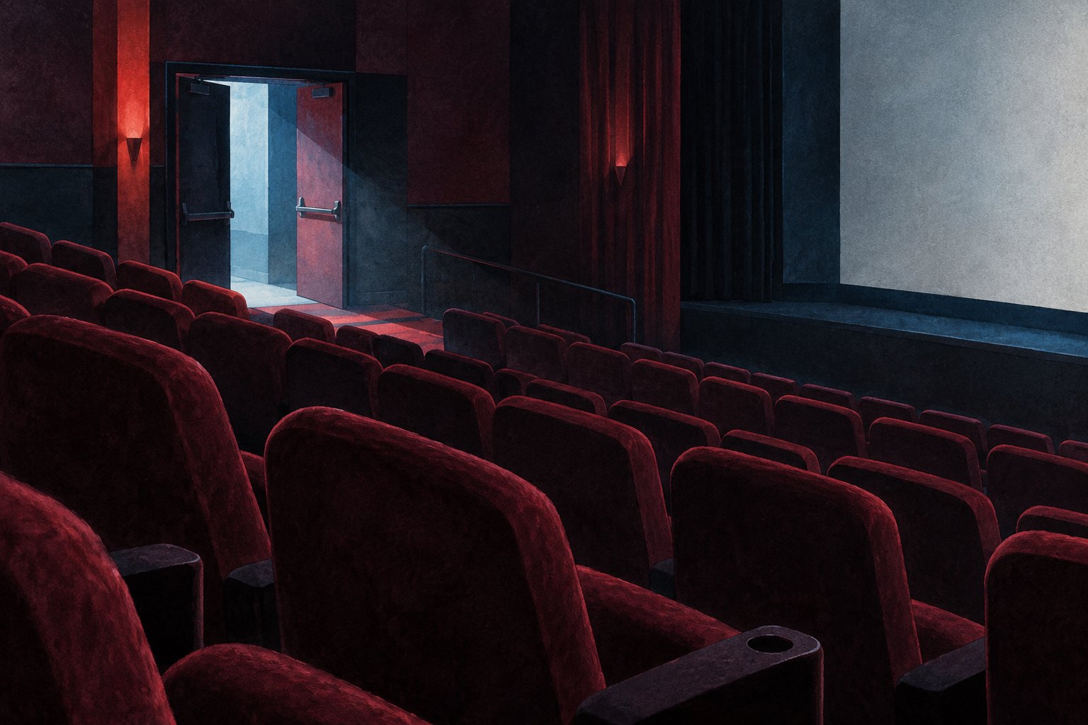 Conceptual illustration of empty burgundy cinema seats with blue and red light entering through an open doorway.