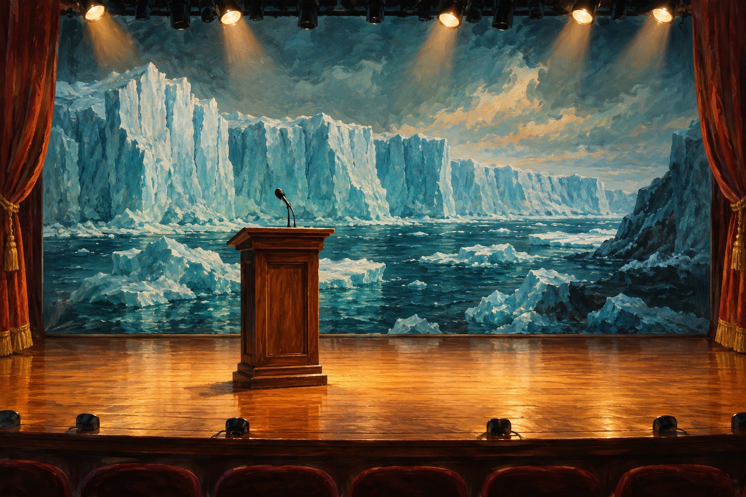 Conceptual illustration of an empty lectern on a theater stage before a painted glacier backdrop.