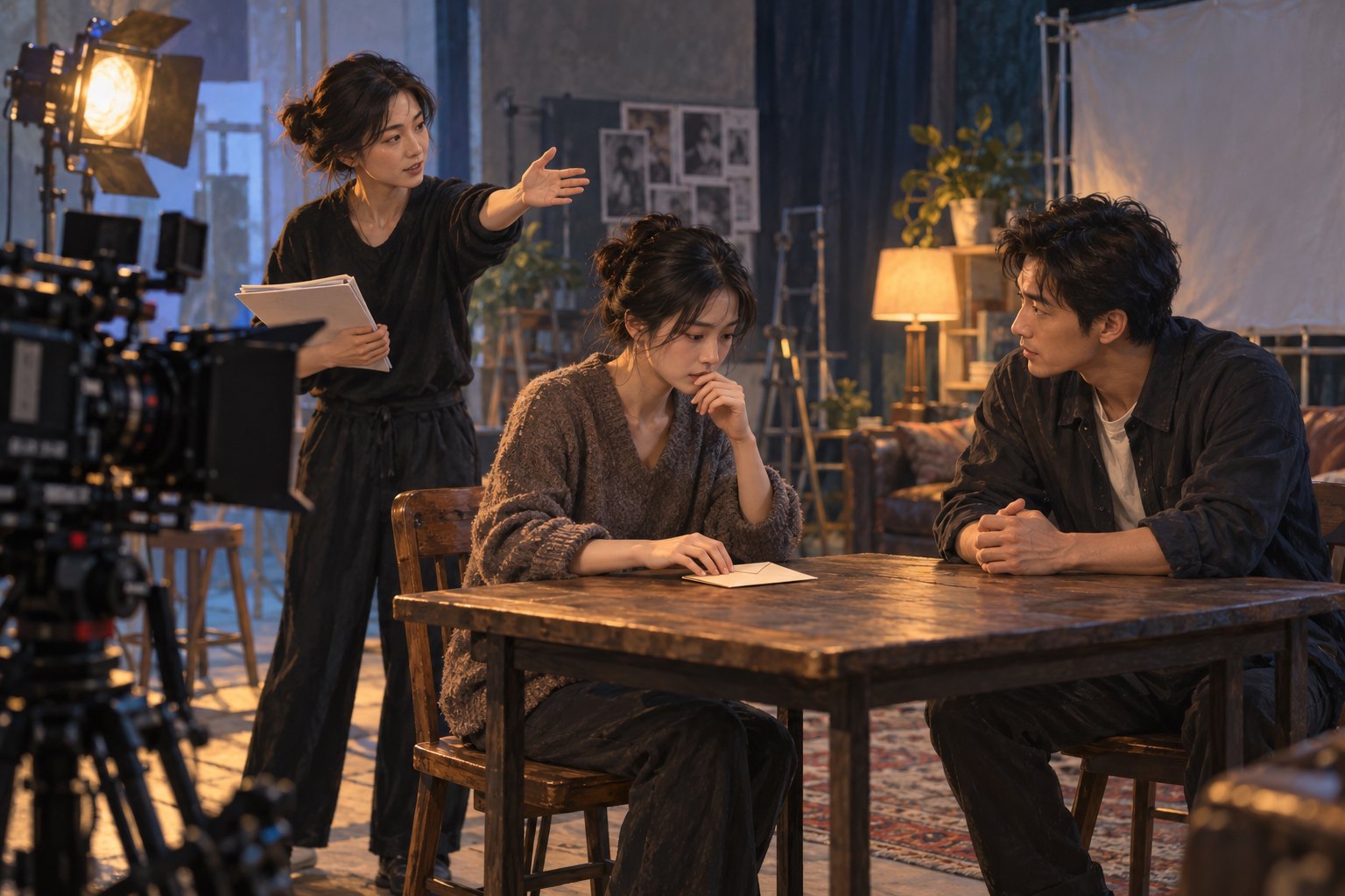 两名参与者在摄影机前围桌排练，指导者示范视线方向，表演体验概念配图