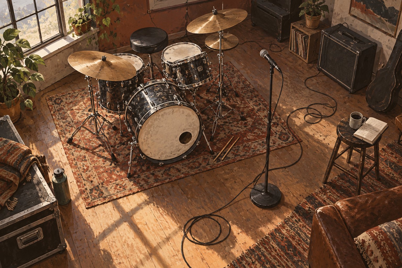 Painterly illustration of a drum kit and vocal microphone in a sunlit rehearsal room.