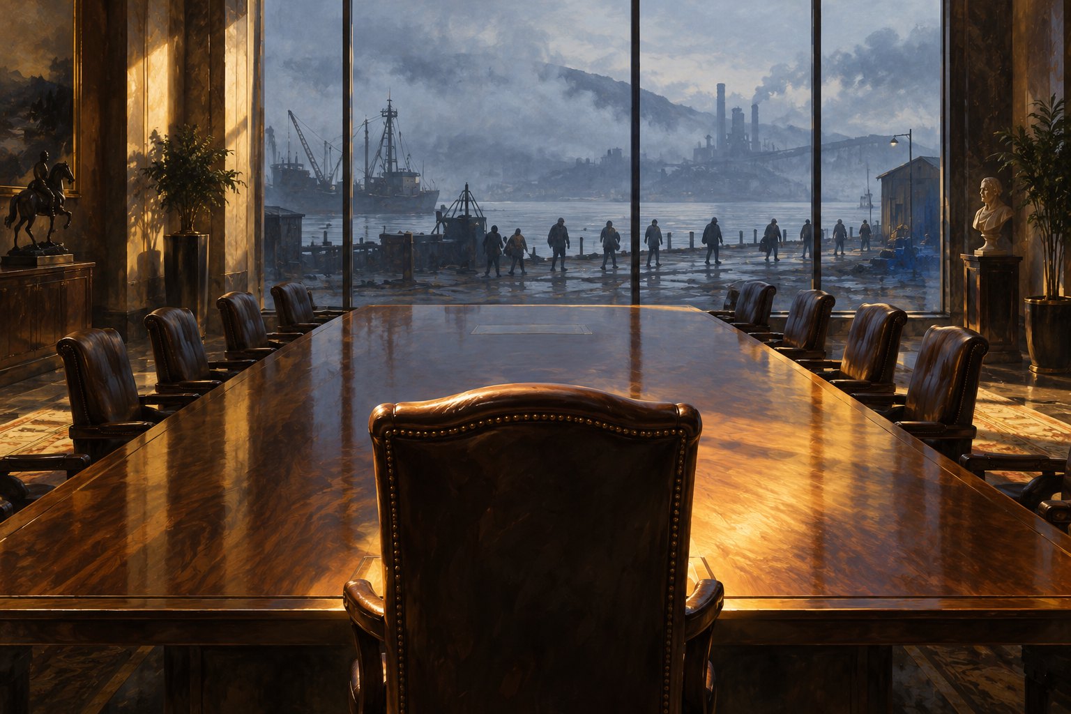 Conceptual illustration of an empty executive chair facing a conference table, with distant people and an industrial waterfront beyond the windows.