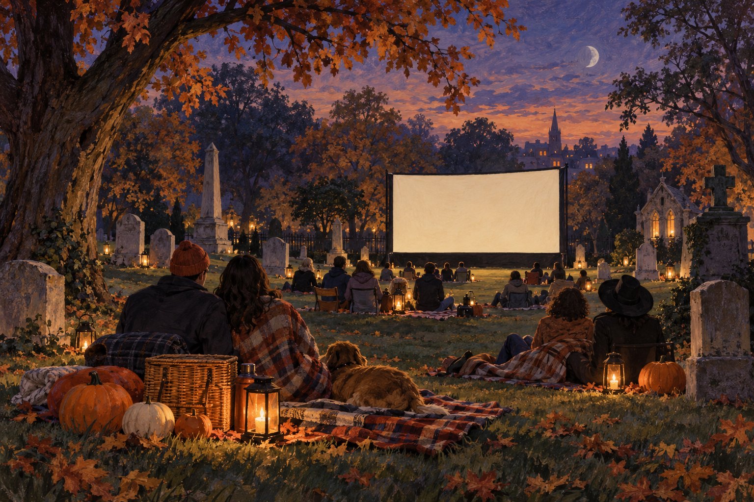 Illustration of an imagined cemetery movie picnic at twilight, with blankets, a picnic basket, and a blank outdoor screen.