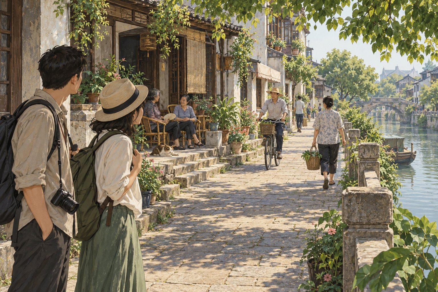 概念插画:两名游客驻足河边街巷,观察居民交谈、骑车和买菜归来的日常