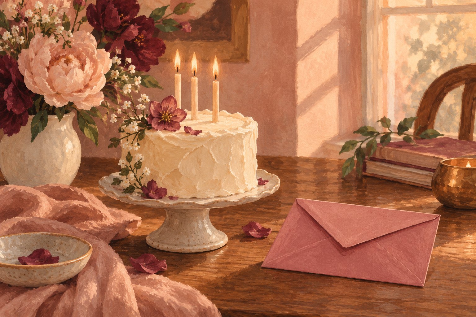 Conceptual illustration of a small birthday cake with three candles beside a rose-colored envelope on a warmly lit table.