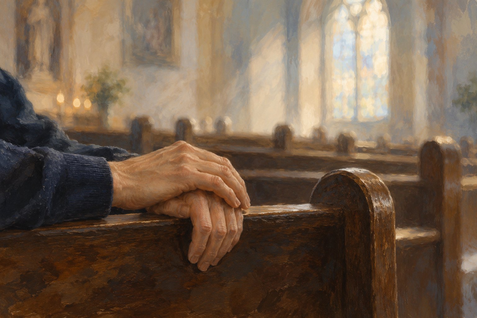 Original illustration of relaxed hands resting on a wooden church pew beside soft window light.