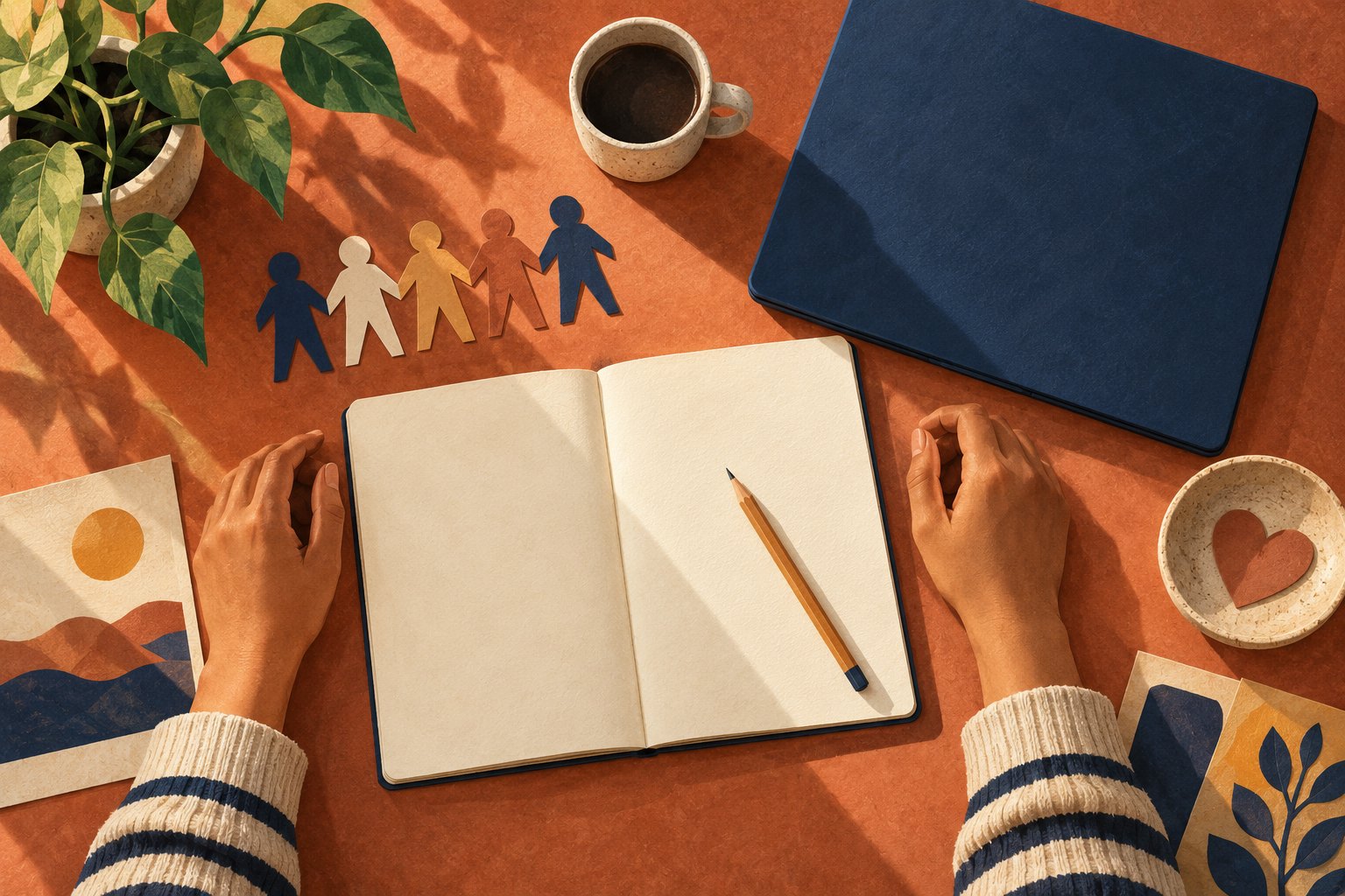 Symbolic overhead illustration of hands beside a blank notebook, pencil, paper figures, and a closed blue laptop on a terracotta desk.