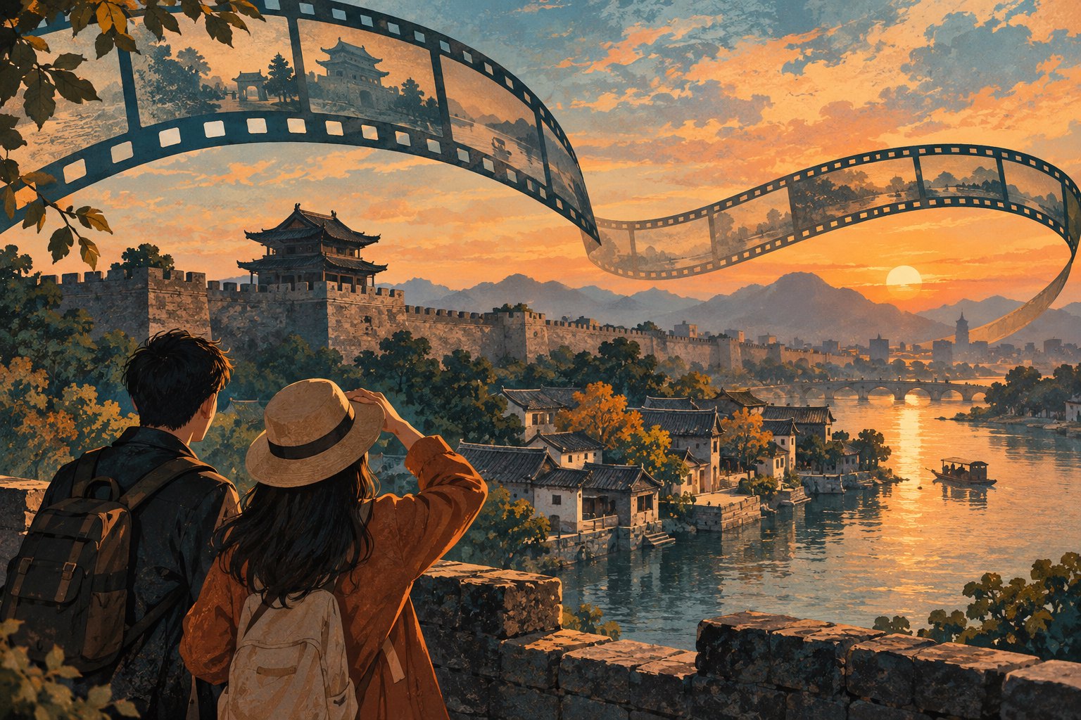 电影胶片串联古城与临水街巷、游客眺望远景的主题插画