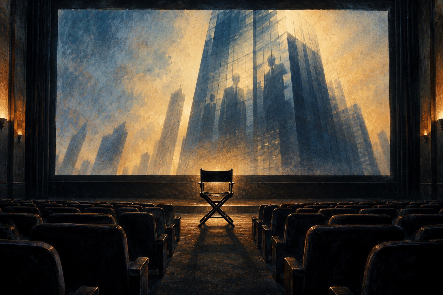 Conceptual illustration of a director’s chair in a dark cinema facing a luminous screen with the shadow of a corporate tower.