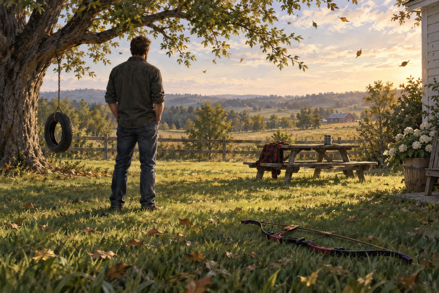 Painterly illustration of a lone father in a quiet backyard with a child's bow on the grass and an abandoned picnic table.