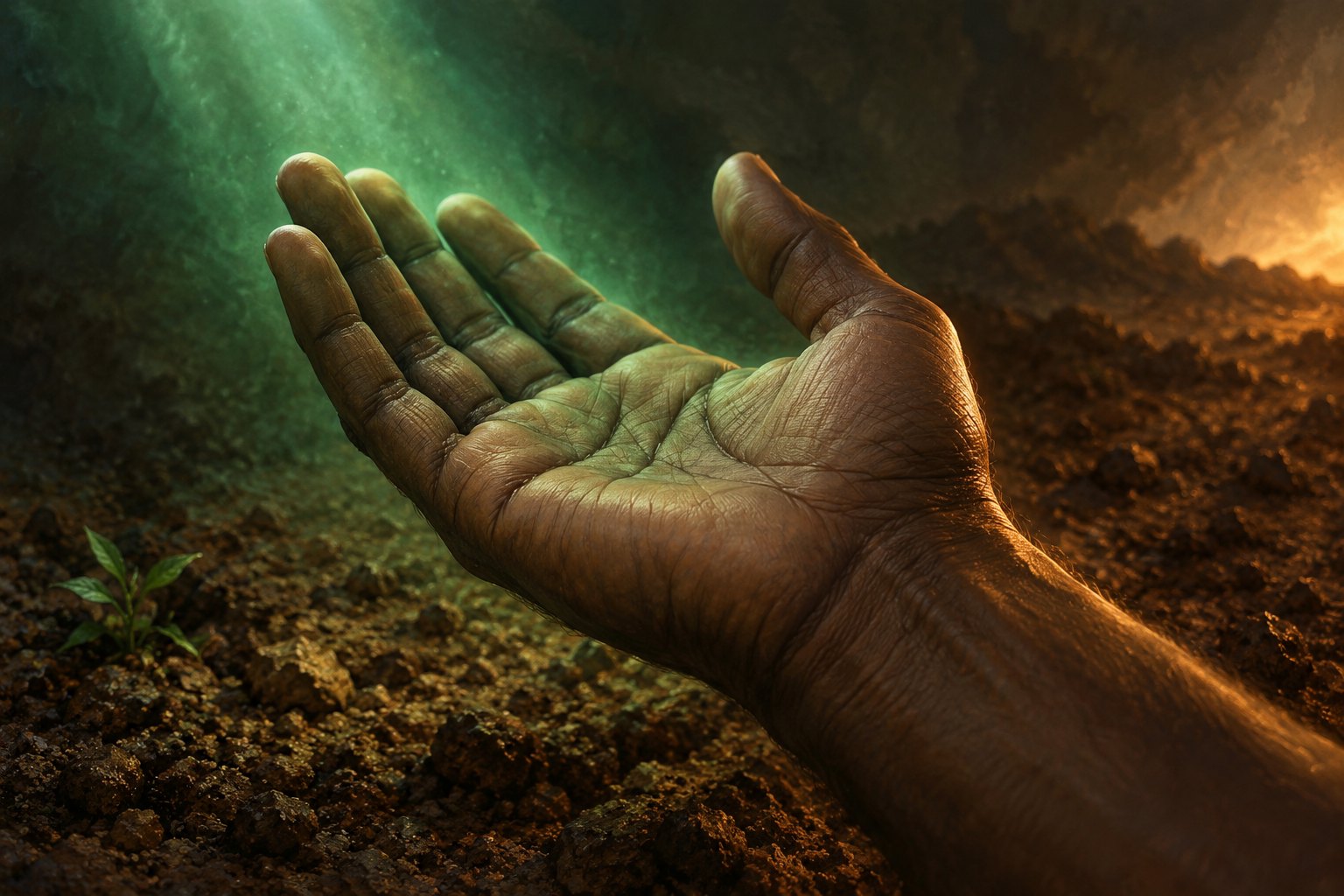 Symbolic close-up of an open hand above dark earth, illuminated by emerald and amber light.