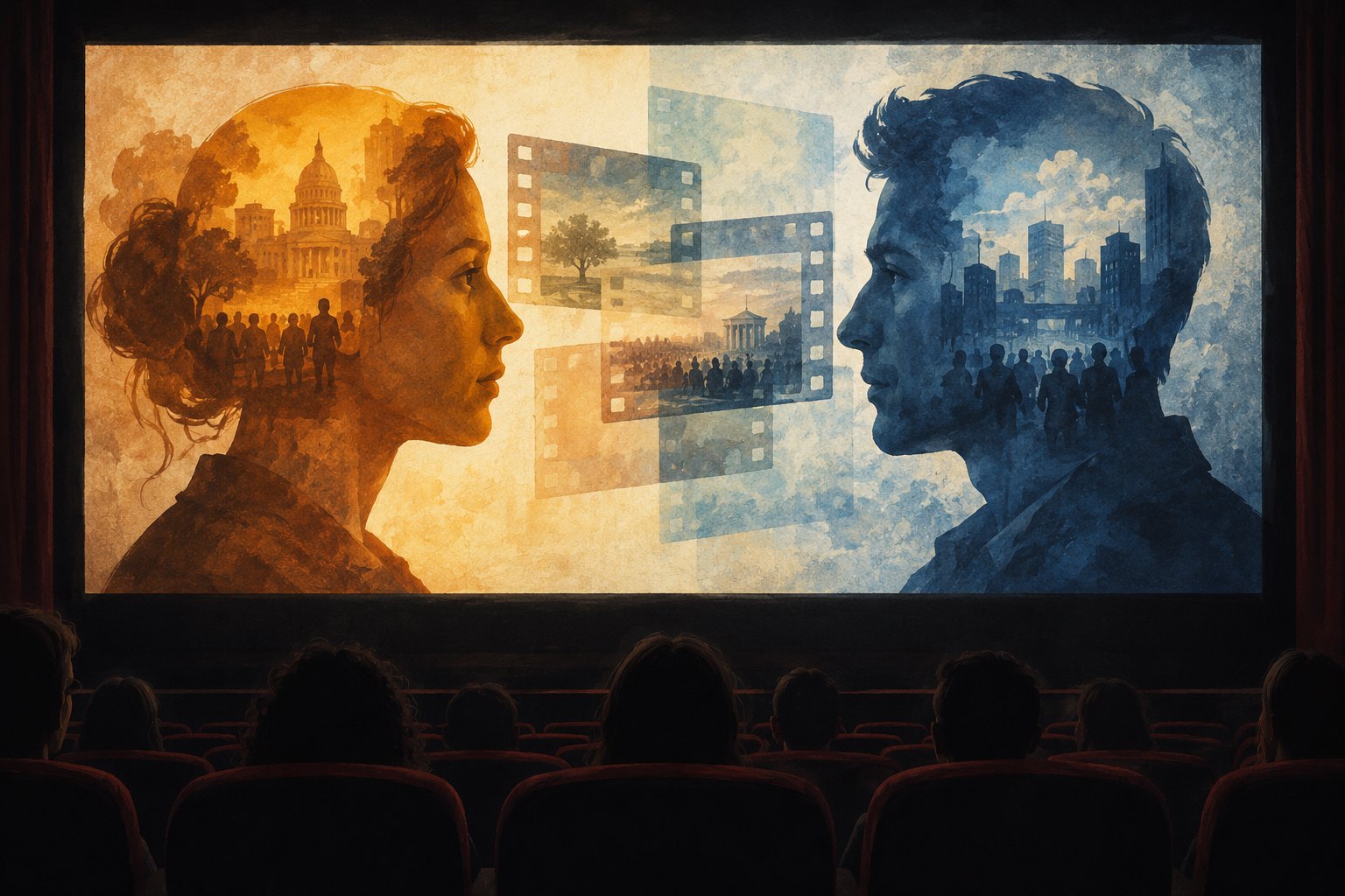 Conceptual illustration of a theater audience watching two opposing profiles in amber and blue with overlapping film frames.